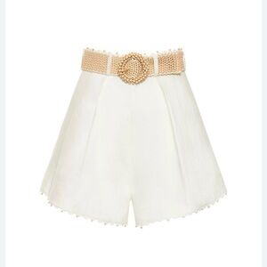 Zimmermann Ivory High-Waist Linen Blend Shorts with Woven Tan Belt